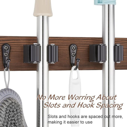 OUTNILI 2 Pack Mop Broom Holder Wall Mount with 3 Slots & 4 Hooks - Rustic Wood Broom Mop Hanger for Pantry Kitchen Organization - Garden Tool Organizer for Closet Laundry Room
