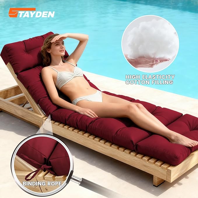 Outdoor Lounge Chair Cushions, Chaise Lounge Chair Cushions Replacement for Patio Furniture with Ties Waterproof Fabric Pool Chasie Cushion 74.4 x 22 x 4.7 Inches (Red)