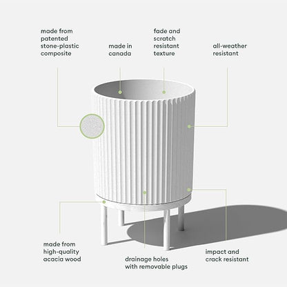 Veradek Demi Series Round Planter w/Stand for Porch/Patio | Durable Plastic-Stone Composite & Wooden Stand | Modern Décor for Tall Plants, Flowers