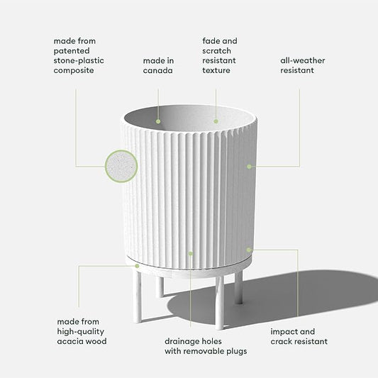 Veradek Demi Series Round Planter w/Stand for Porch/Patio | Durable Plastic-Stone Composite & Wooden Stand | Modern Décor for Tall Plants, Flowers