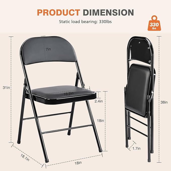 Sweetcrispy Folding Chair 8 Pack, Leather Padded Folding Chairs, Sturdy Metal Foldable Chairs, Easy to Use and Store, Outdoor and Indoor, for Home, Office, Party, Comfy, Black