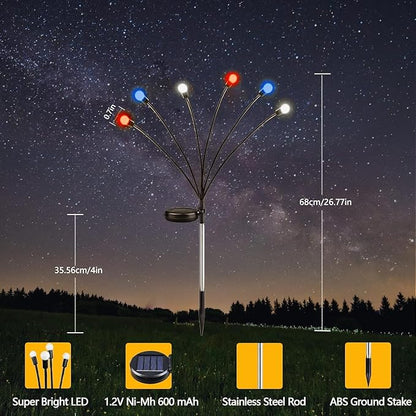 4th of July Decorations, 6 Pack Solar Firefly Lights Outdoor, 36 LED Waterproof Patriotic Decor Garden Lights with 2 Modes for 250th Anniversary National Yard Path Decorations (Red White and Blue)