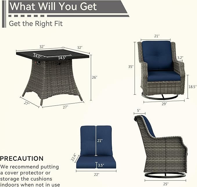 5-Piece Patio Furniture Set Includes 4 Swivel Rocker Chair and 1 Fire Pit, Wicker Conversation Set with Cushion Blue
