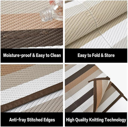 HUGEAR Outdoor Waterproof Rug 9'x12' Plastic Straw Rugs Washable Reversible Floor Mat Brown Stripe Carpet for Camping RV Deck Entryance Porch Picnic Balcony Beach Backyard