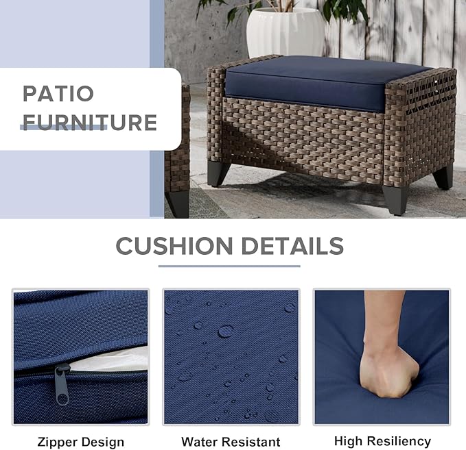 COOS BAY Modern Wicker Outdoor Furniture Set, Patio Conversation Set with 3 Seat Couch, and Ottomans, 3 Piece, Brown/Blue