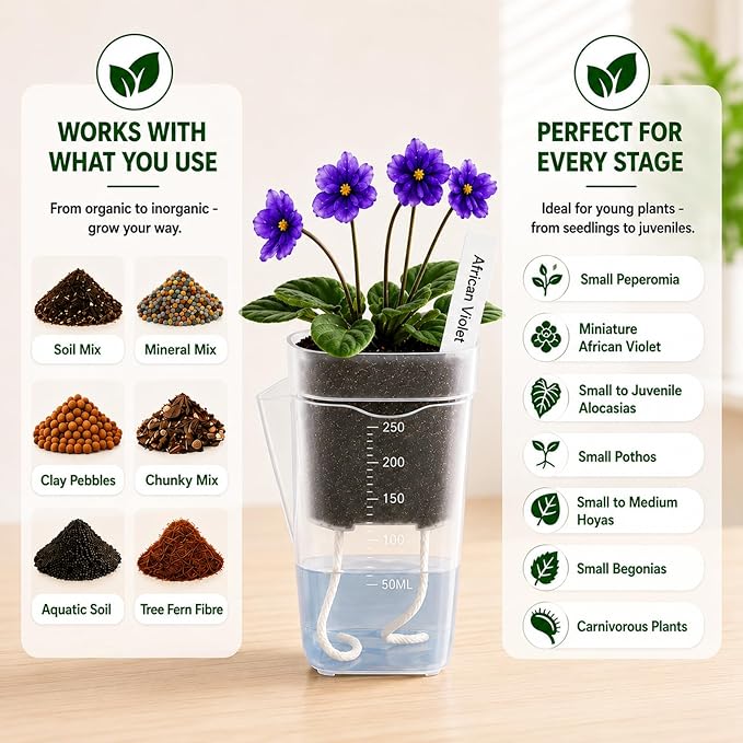 6 Pack 2.5" Self Watering Seed Starter Cups, Clear Mini Planters for Indoor Plants, Help Prevent Overwatering, Promote Healthy Growth for Seedlings, Cuttings & Small Plants, with 6 Labels