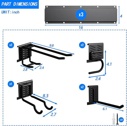 CBWLWJ Garage Tool Organizer Wall Mount, 48 inch Garage Wall Organizer, 400lbs Sturdy Garden Tool Organizer with 7 Adjustable Hooks, for Yard, Shed, Basement, Workshop(Black)