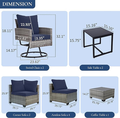 FHFO 10 Pieces Outdoor Patio Furniture Set with Swivel Chairs, Wicker Sectional Sofa Set Rattan Modular Patio Conversation with Cushions Couch & Coffee Table for Garden, Balcony, Porch, Grey-Blue