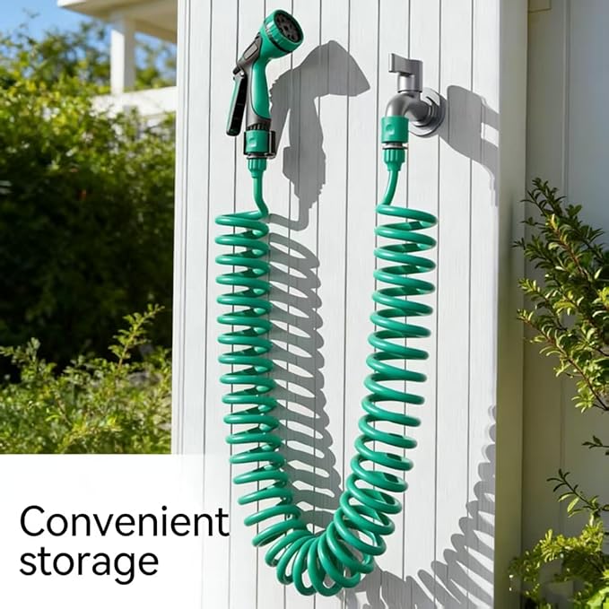 Retractable Garden Hose 66 FT, EVA Flexible Curly Water Pipes with 7-Pattern Spray Nozzle for Boat, Greenhouse, Yard, Patio, Green