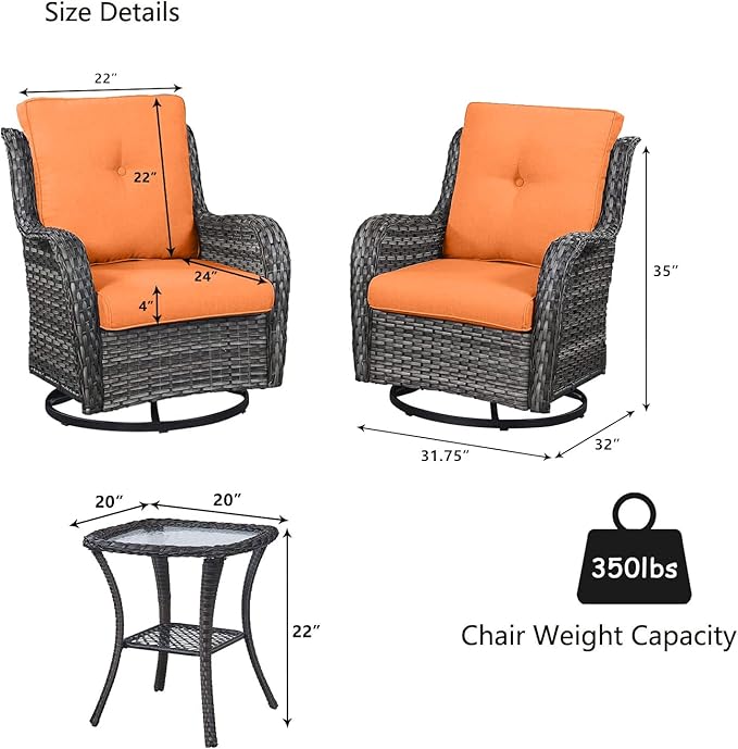 HUMMUH 3-Piece Swivel Rocking Rattan Chair Outdoor, Patio Bistro Furniture Conversation Set, Cushioned Wicker Chair with Glass Coffee Table(Grey, Orange)