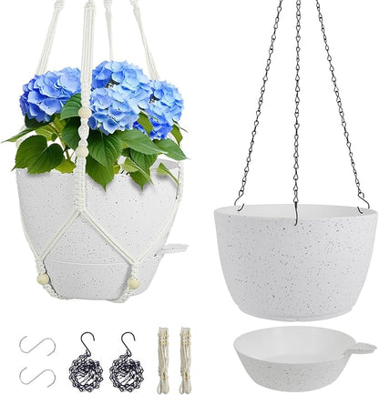 10 inch Self Watering Hanging Planters, 2 Pack Hanging Baskets for Indoor Outdoor Plants, Hanging Flower Pots with Drainage Holes and 2 Kinds of Plant Hangers for Garden Decor, Speckled White