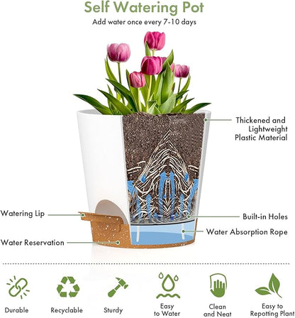 WSMKSZ 7/6.5/6/5.5/5/4 inch Self Watering Pots for Indoor Outdoor Plants, 6 Pack Plastic Flower Planters with Drainage Holes and Removable Saucers, Plant Pots with Wicking Rope, White Brown