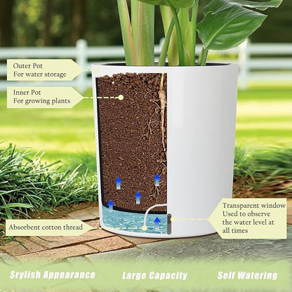 SAROSORA Large Round Self Watering Planter Pot 12.5'' 2-Pack for Home Garden Patio Tall Tree(White 2-Pack)