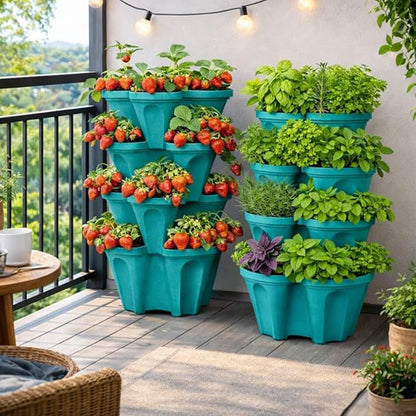 Large Vertical Planter Tower, 4 Tier Stackable Garden Planter, 28 Plant Sites, Heavy Duty Strawberry Planter, Vertical Growing System with Center Hole, Made in USA (Mineral Teal, Large)