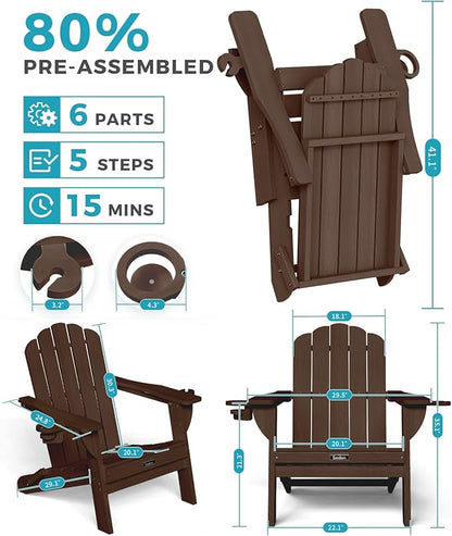 Adirondack Chair, HDPE Material Fire Pit Chairs, Plastic Adirondack Chairs with 2 Cup Holder, Outdoor Lawn Chair for Patio Garden, Brown
