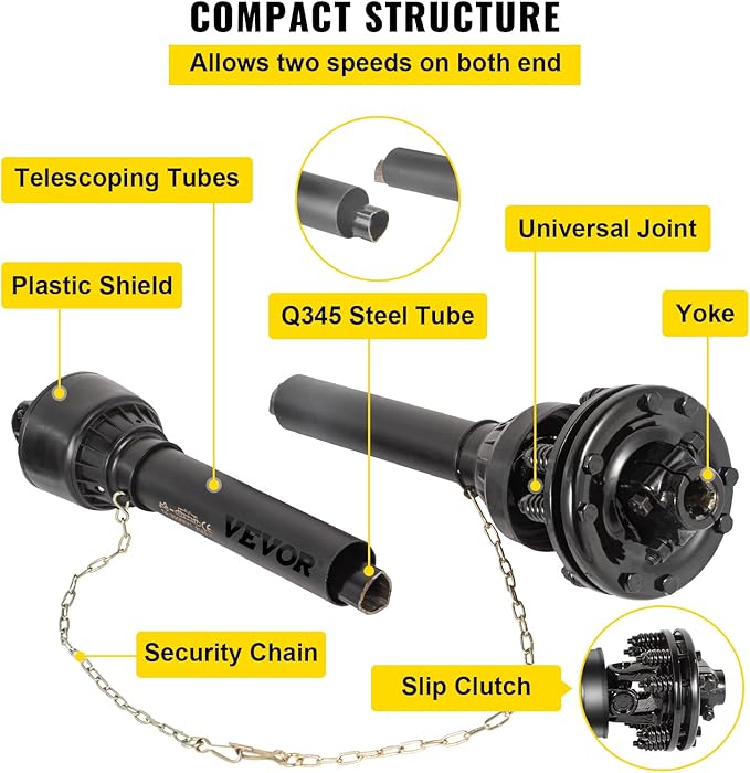 VEVOR PTO Shaft, 1-3/8" PTO Drive Shaft, 6 Spline Both Ends PTO Driveline Shaft, Series 5 Tractor PTO Shaft, 43"-57" Brush Hog PTO Shaft, Black PTO Shaft w/Slip Clutch for Bush Hog/Finish Mower