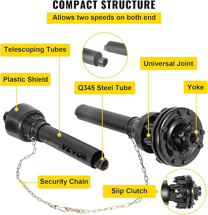 VEVOR PTO Shaft, 1-3/8" PTO Drive Shaft, 6 Spline Both Ends PTO Driveline Shaft, Series 5 Tractor PTO Shaft, 43"-57" Brush Hog PTO Shaft, Black PTO Shaft w/Slip Clutch for Bush Hog/Finish Mower
