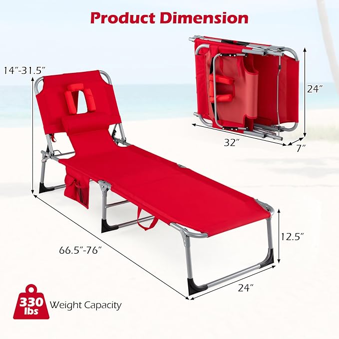 GYMAX Tanning Chair with Face Hole, Sun Bathing Lounge Chairs for Outside with Side Pocket, Folding Portable Face Down Layout Tanning Chair Beach, Backyard, Poolside, Lawn (Red,1)