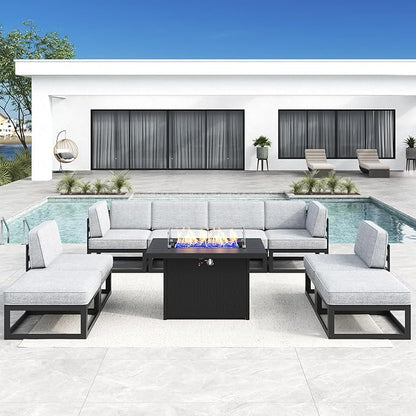 LayinSun Large Aluminum Patio Furniture Set with Fire Pit Table, 9 Pieces Modern Outdoor Conversation Set Sectional Metal Sofa Set with Olefin Cushion