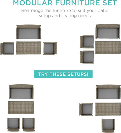 Best Choice Products 4-Piece Outdoor Wicker Patio Conversation Furniture Set for Backyard w/Coffee Table, Seat Cushions - Taupe/Cement Gray