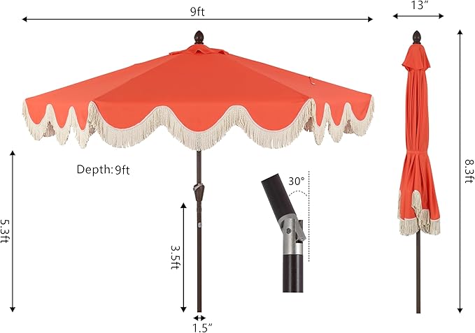 JONATHAN Y UMB1001 Collins 9 ft. Classic Cottage Tassel Market Patio Umbrella with Auto-Tilt, Crank, Wind Vent and UV Protection