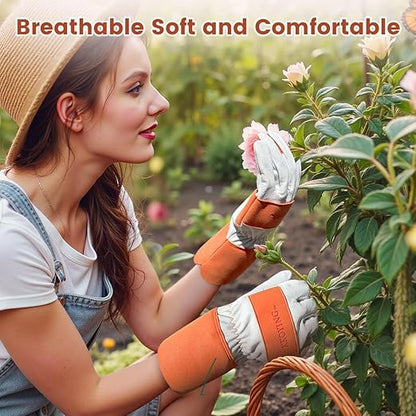 Gardening Gloves, Long Thorn Proof Garden Gloves for Women and Men, Goatskin Breathable Leather Work Gloves for Gardening, Pruning, Yard Work, Brown, XL