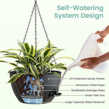 UOUZ 4 Pack 8 Inch Self Watering Hanging Planters for Indoor Outdoor Plants，Hanging Pots for Plants with Drainage Removable Tray, Hanging Baskets Flower Pots for Ivy Pothos Spider Garden Porch Black