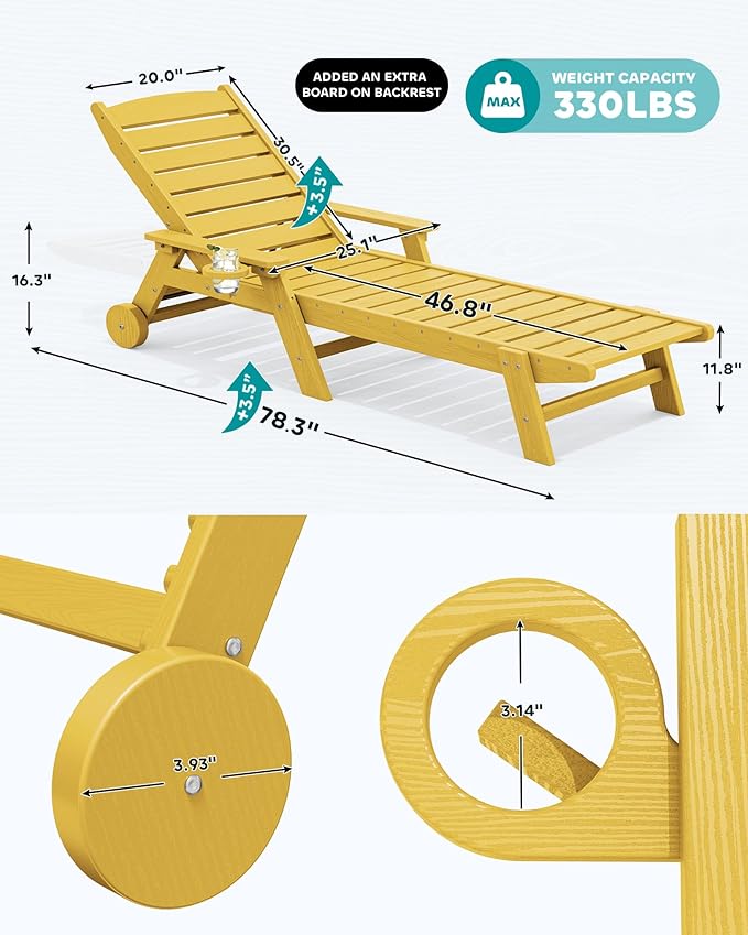 SERWALL Patio Chaise Lounge Chair, 78'' Long HDPE 5 Positions Adjustable Outdoor Lounger, Poly Lounge Chair with Rolling Wheels & Cup Holder for Pool, Lemon Yellow