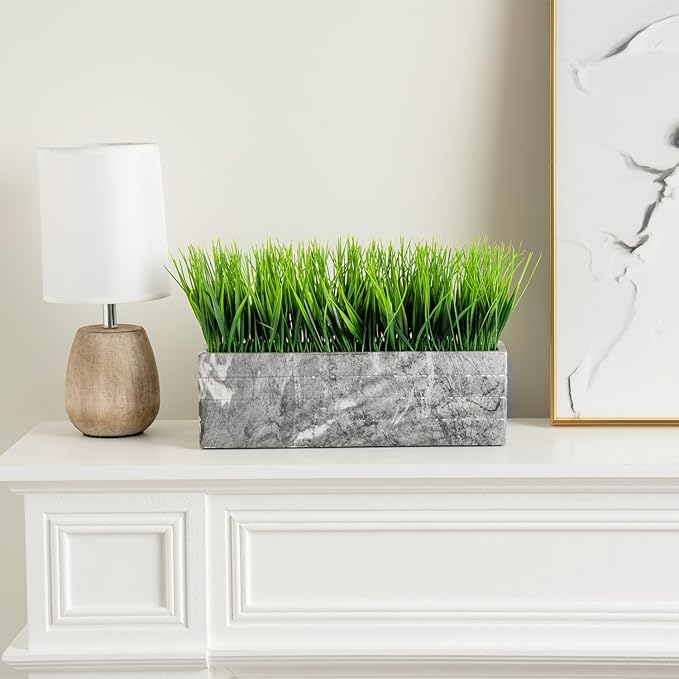 MyGift 14 Inch Artificial Green Grass Plant in Gray Marble Pattern Resin Ribbed Rectangle Planter, Faux Greenery Rectangular Cement Pot Centerpiece Home Décor