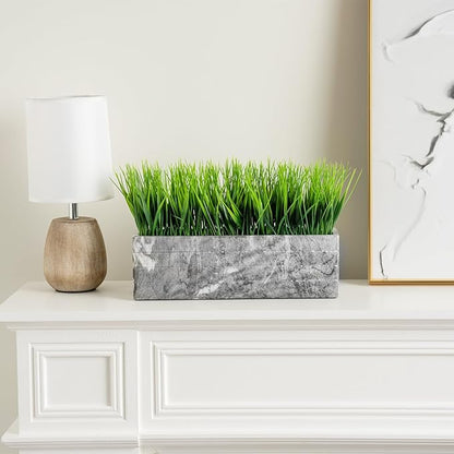 MyGift 14 Inch Artificial Green Grass Plant in Gray Marble Pattern Resin Ribbed Rectangle Planter, Faux Greenery Rectangular Cement Pot Centerpiece Home Décor