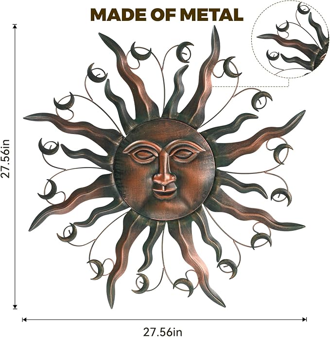 VESTCDF Outdoor Metal Wall Art Metal Sun 28" Metal Wall Art Sun Outdoor,Large Wall Decorations for Garden, Sun Wall Art Metal Sun Face Art (Moon)