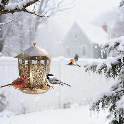 LBTING Bird Feeder for Outside, Hexagon Lantern-Shaped Metal Bird Feeder, Wild Bird Feeders for Hanging Outdoor Garden Yard