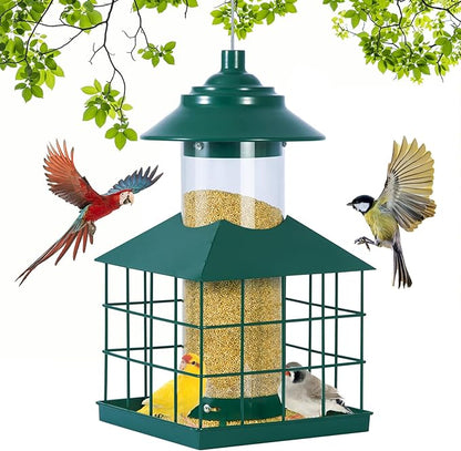 Squirrel Proof Bird Feeder, Hanging Metal Cage Bird Feeders for Outdoors, Weather Resistant Wild Bird Feeders with Finch Cardinal Chickadee, 3.4 LB Large Capacity,Green