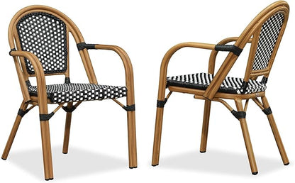 PURPLE LEAF French Bistro Chairs Set of 2 Aluminum Wicker Rattan Hand-Woven Armchairs Outdoor Dining Chairs for Patio Kitchen Garden Bamboo Print Finish Black White