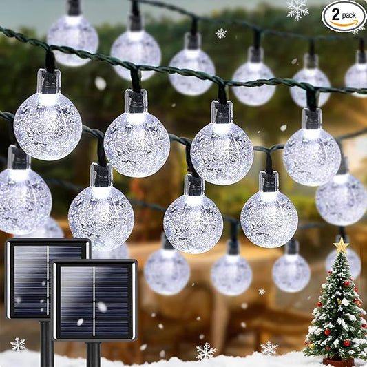 2-Pack 72FT 120 LED White Crystal Globe Solar String Lights Outdoor, Waterproof Solar Christmas Lights for Outside, 8 Lighting Modes Christmas Decorations for Garden Yard Porch Wedding Party Patio