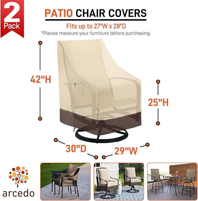 Arcedo Outdoor High Back Chair Covers Waterproof, Heavy Duty Stackable Dining Swivel Chair Covers, All Weather Resistant Patio Furniture Cover, 29”W x 30”D x 42”H, 2 Pack, Beige & Brown
