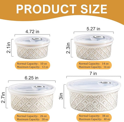 Airtight Food Storage Containers with Lids Mixing Bowls Set, Ceramic Serving Bowls with Lids Set of 4, 12/16/28/40 oz Stackable Nesting Salad Bowls for Cooking, Baking, Ramen - Beige