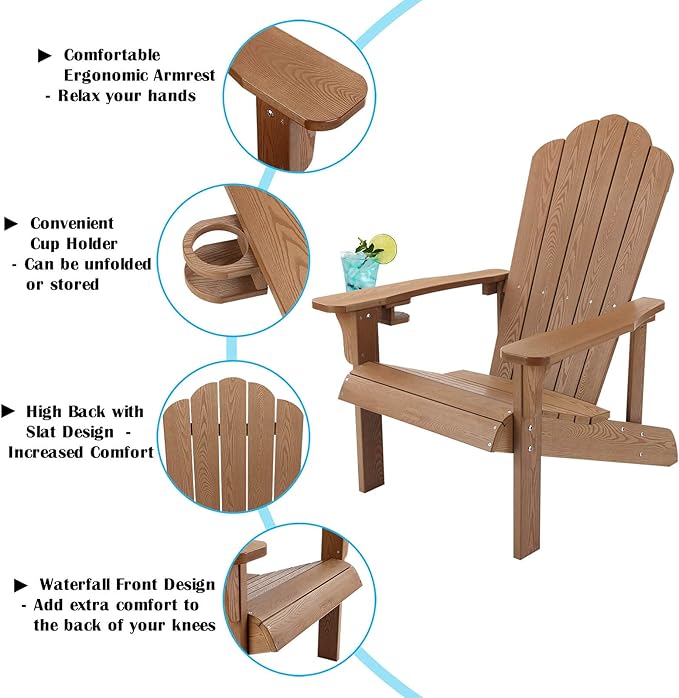 hOmeHua Adirondack Chair Weather Resistant, Hard Plastic Adirondack Chair with Cup Holder, Comfortable Easy to Assemble and Maintain,Outdoor Chair for Patio, Backyard Deck, Fire Pit - Wood Color