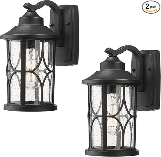zeyu 2 Pack Outdoor Wall Lights, Exterior Light Fixture for Front Porch House, Die-Cast Aluminum with Seeded Glass, Black Finish, ZX48B-2PK BK