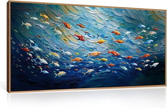CHDITB Ocean Fish Framed Canvas Wall Art, 20"X40" Large Under The Sea Fishes Oil Painting, Modern Navy Blue Marine Fish Wall Decor, Colorful Fishes Artwork for Living Room Bedroom Office Home Decor