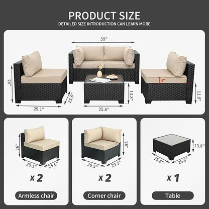 WAROOM Outdoor Patio PE Wicker 5 Piece Furniture Set, Black Rattan Sectional Conversation Sofa Chair with Coffee Table,Khaki Cushion