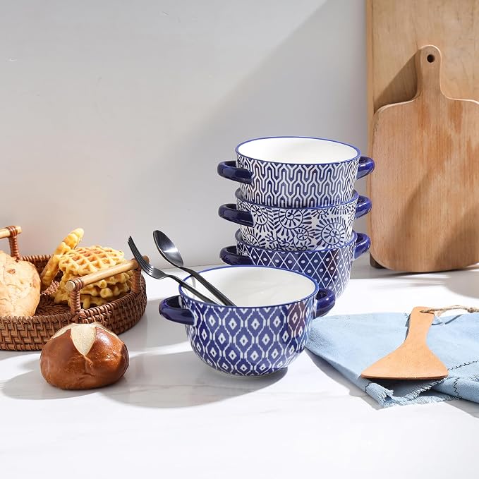 Selamica Ceramic Soup Bowls with Handles, French Onion Soup Crocks 20 OZ, Oven Safe Soup Bowls for French Onion, Chili, Beef Stew, Cereal, Pot Pies, Set of 4, Vintage Blue