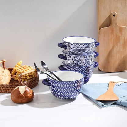Selamica Ceramic Soup Bowls with Handles, French Onion Soup Crocks 20 OZ, Oven Safe Soup Bowls for French Onion, Chili, Beef Stew, Cereal, Pot Pies, Set of 4, Vintage Blue