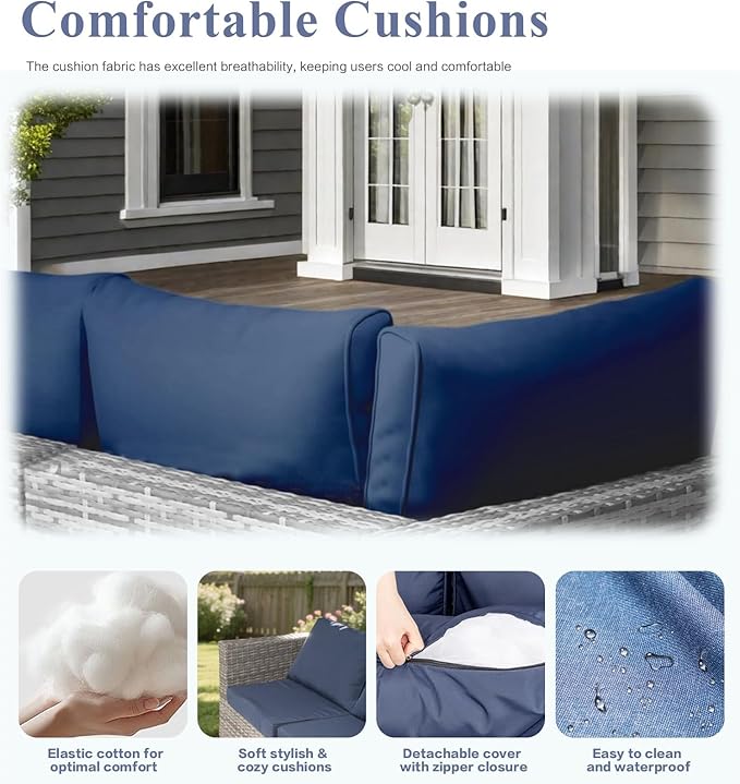 10-Piece Outdoor Sectional Sofa Set, Wicker Patio Furniture with Navy Blue Cushions for Your Villa, Balcony, Porch, Backyard, Grey Rattan