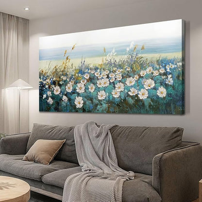 Arjun Flower Wall Art for Living Room, Teal Bedroom Canvas Daisy Floral Painting Landscape Picture Artwork Large Textured Office Home Dining Room Kitchen Wall Decor Large 48"x24"