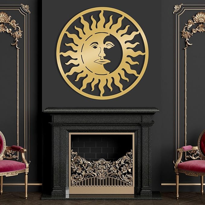 Sun and Moon Wall Decor, Metal Sun and Moon Wall Art, Boho Wall Art, Large Modern Wall Sculpture, Celestial Wall Hanging, Home Decor, Indoor Outdoor Wall Decor (Black, 28"x28"|70x70cm)