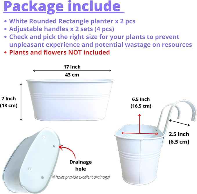 LaLaGreen Planter Boxes for Outdoor (2 Pack, 17 Inch) White Metal Deck Railing Hanging Flower Pots, Large Window Box Plant Holder Hooks Fence Rail Bucket Outside Boho Style Wall Mount Porch Herb Decor