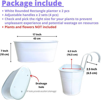 LaLaGreen Planter Boxes for Outdoor (2 Pack, 17 Inch) White Metal Deck Railing Hanging Flower Pots, Large Window Box Plant Holder Hooks Fence Rail Bucket Outside Boho Style Wall Mount Porch Herb Decor