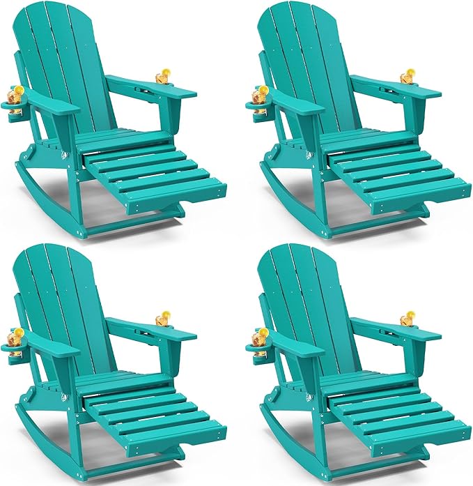 Adirondack Rocking Chairs Set of 4 with Retractable Ottoman, All Weather Folding Adirondack Chair with Two Cup Holders, Adirondack Outdoor Rocking Chairs for Porch, Patio, Balcony. Lake Blue