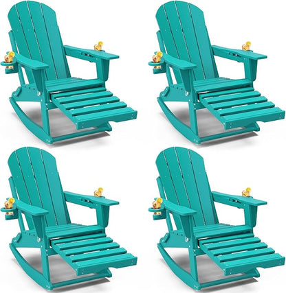 Adirondack Rocking Chairs Set of 4 with Retractable Ottoman, All Weather Folding Adirondack Chair with Two Cup Holders, Adirondack Outdoor Rocking Chairs for Porch, Patio, Balcony. Lake Blue